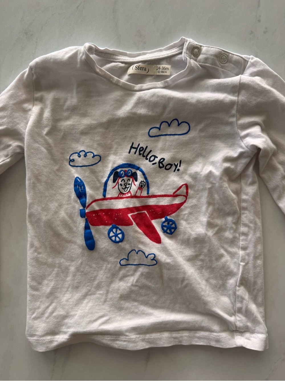 Sfera Boys 24-36m White Long Sleeve Cotton Knit Airplane Dog Graphic Tee